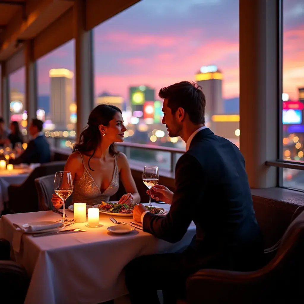 Ночной вид на знаменитый Стрип в Лас-Вегасе с неоновыми огнями.