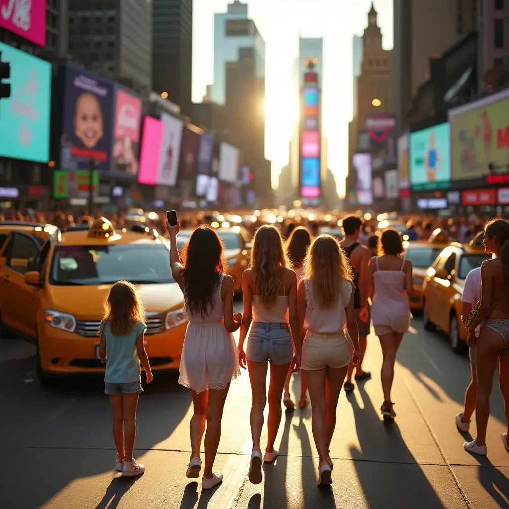 Сквозь небоскрёбы Нью-Йорка сияет яркий вечерний свет.